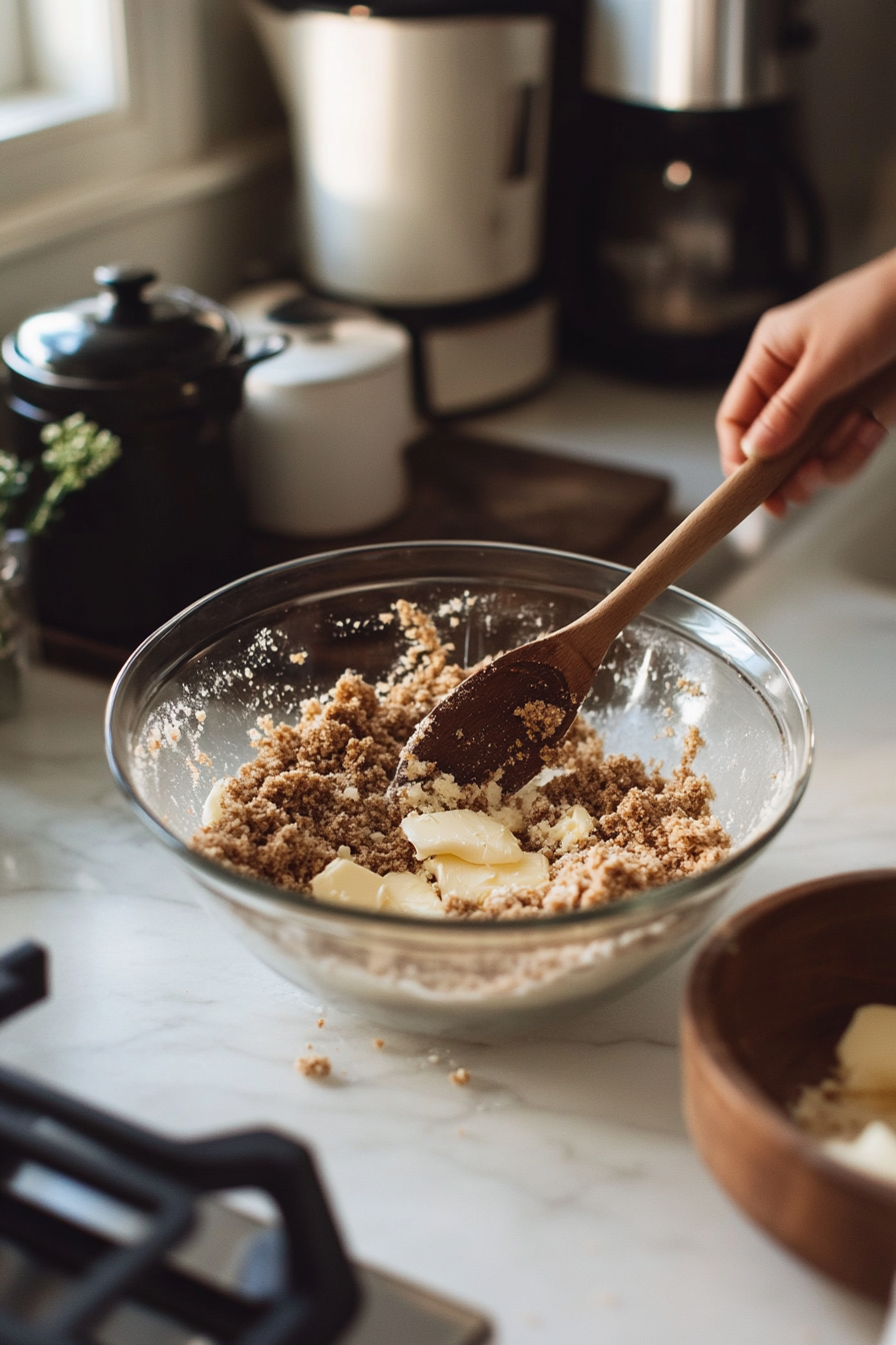 A glass bowl containing graham cracker crumbs and melted butter being stirred until well combined. The mixture is ready to be pressed into the bottom of the springform pan to form a crust.