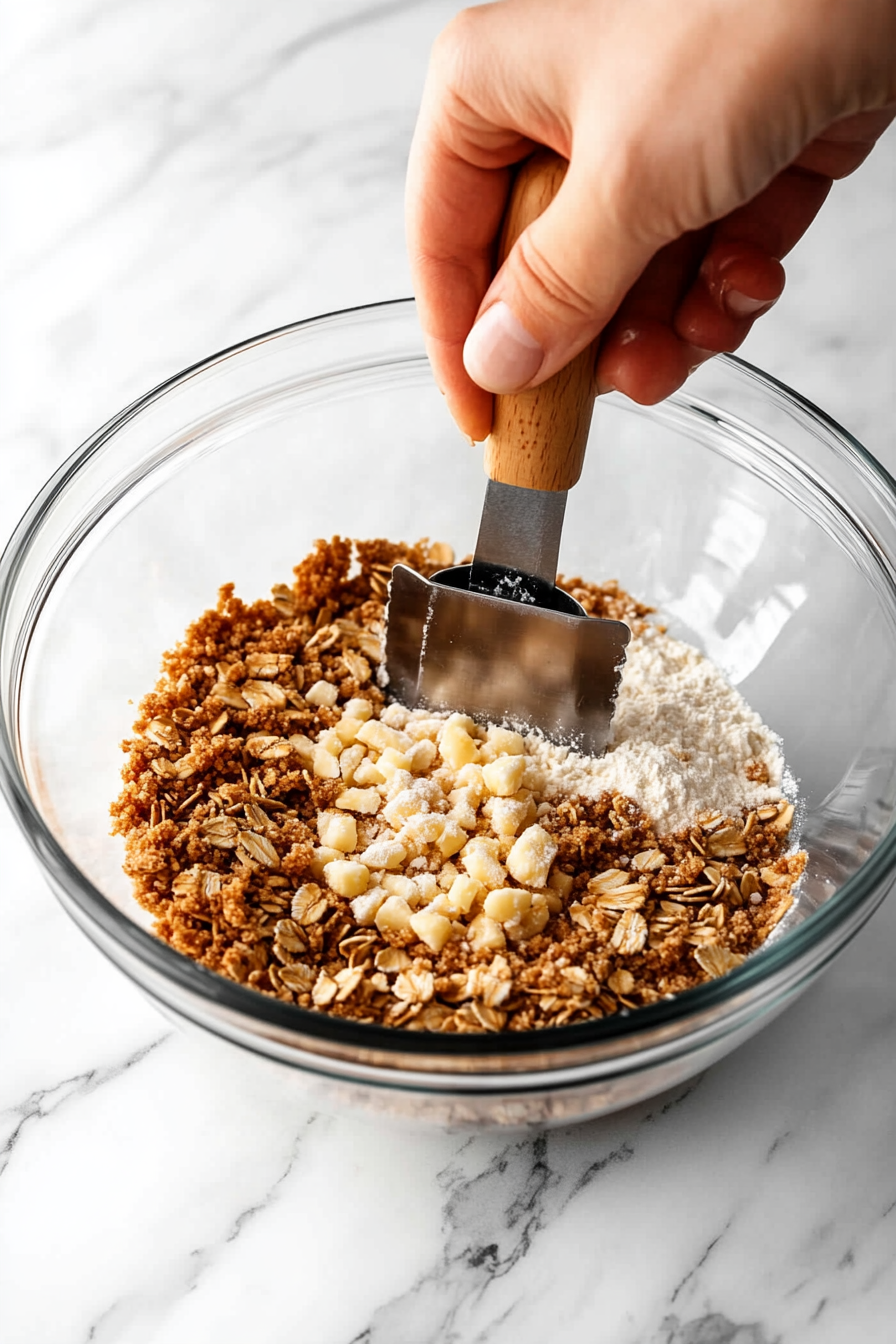 A mixing bowl with butter, flour, sugar, and oats being combined into a crumbly texture, with cold butter cubes visible in the mix. A hand is reaching for the refrigerator to chill it.