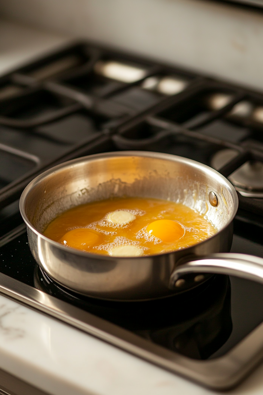 A saucepan on a stovetop, with sugar, evaporated milk, butter, vanilla extract, and beaten egg yolks being combined and stirred together on medium heat, becoming thick and bubbly.