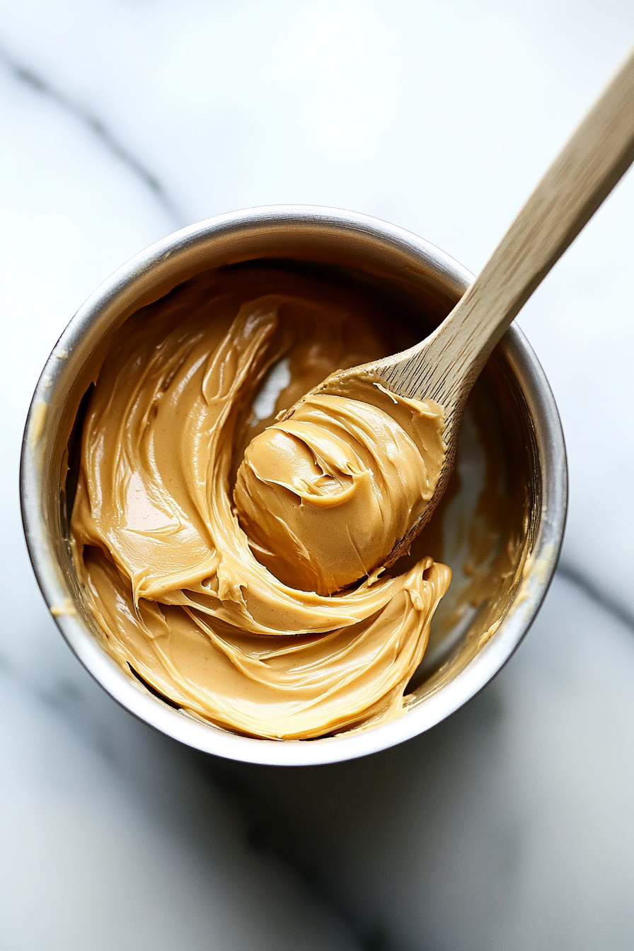 A small saucepan on the white marble cooktop gently melts smooth peanut butter and unsalted butter together. The mixture is creamy and golden, with a wooden spoon resting on the side, ready for stirring