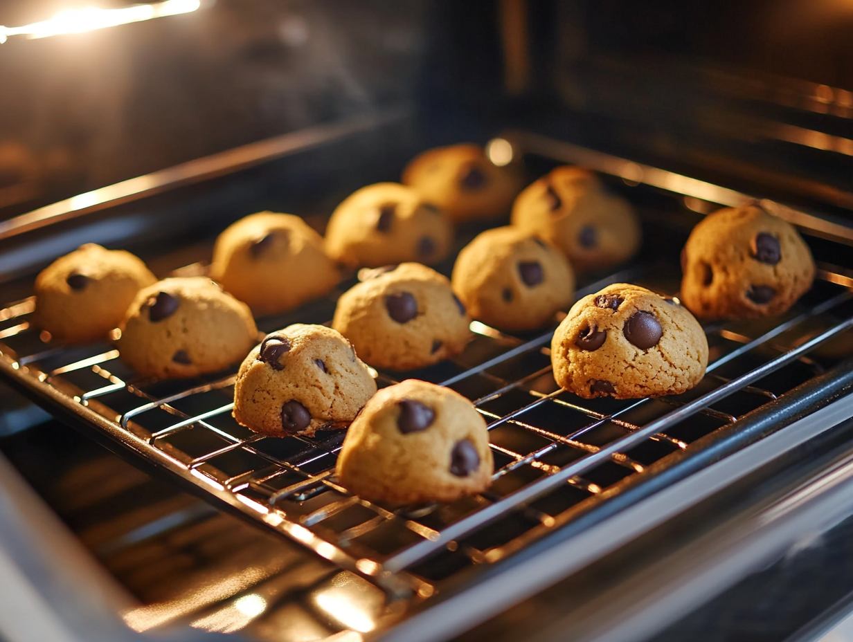 The white marble cooktop with freshly baked cookies cooling on the baking sheets for 5 minutes before being transferred to a wire rack for complete cooling."