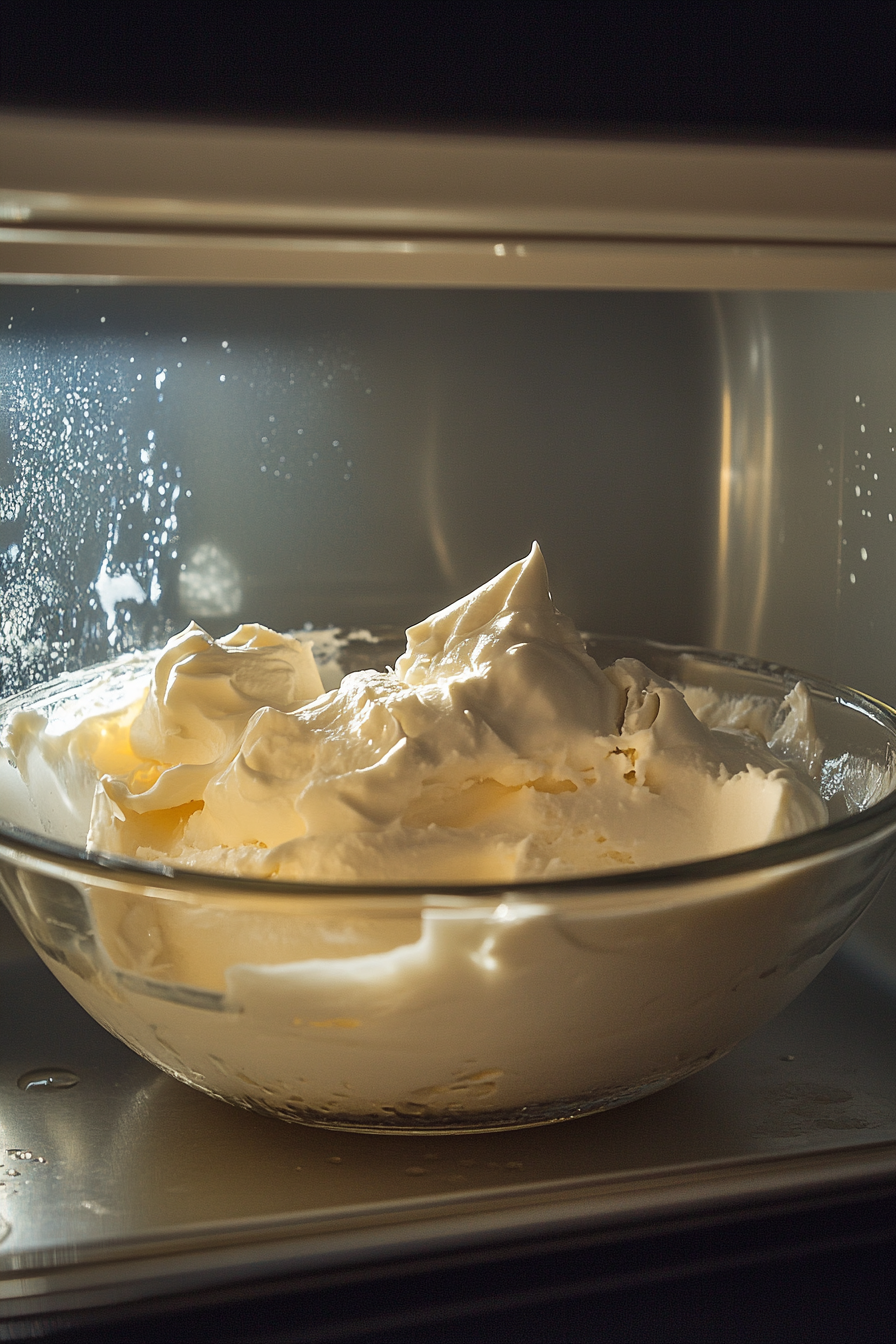 A glass bowl containing cream cheese and sour cream inside a microwave, with the microwave door slightly ajar. The mixture is softened with visible condensation on the bowl.