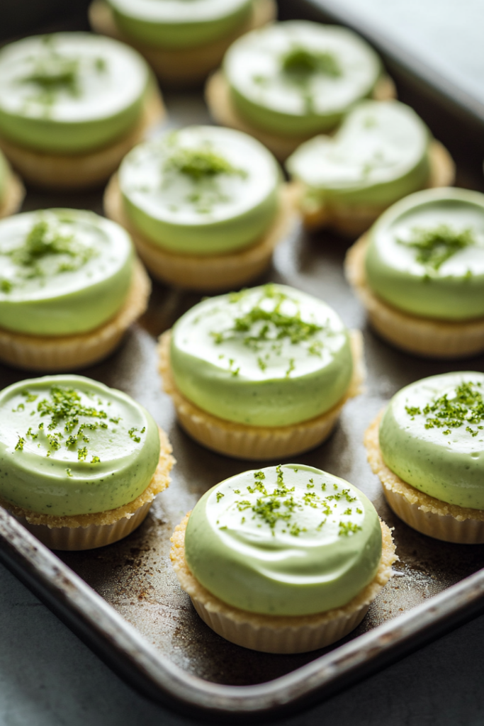 The mini cheesecakes are carefully removed from the pan and placed on a serving tray. They are topped with a smooth, green-colored filling, neatly plated, with a light golden-brown crust visible at the bottom, ready to be served.