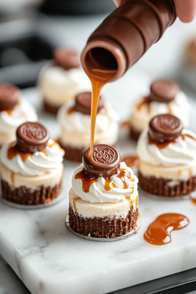 Cooled mini cheesecakes sit on the white marble cooktop as whipped cream is piped onto each one. Caramel and chocolate sauces are drizzled over the top, and halved Rolos are added as finishing touches.