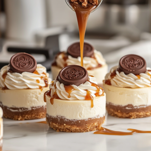 Cooled mini cheesecakes sit on the white marble cooktop as whipped cream is piped onto each one. Caramel and chocolate sauces are drizzled over the top, and halved Rolos are added as finishing touches.