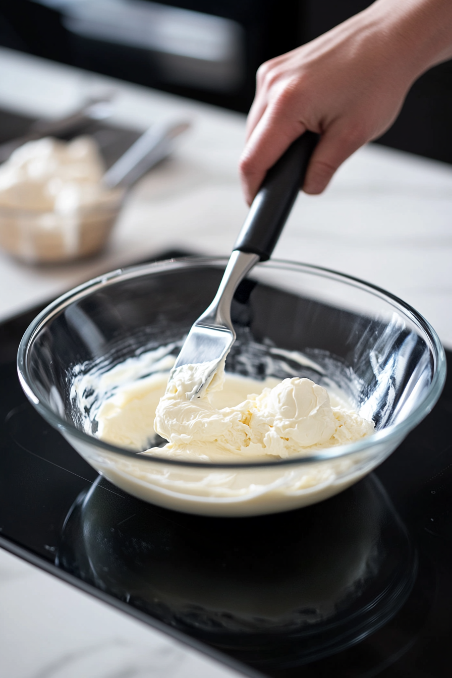 A glass bowl on a white marble cooktop with cream cheese and sour cream being whisked together with a spatula, forming a smooth and creamy mixture. A hand holds the spatula mid-mix.