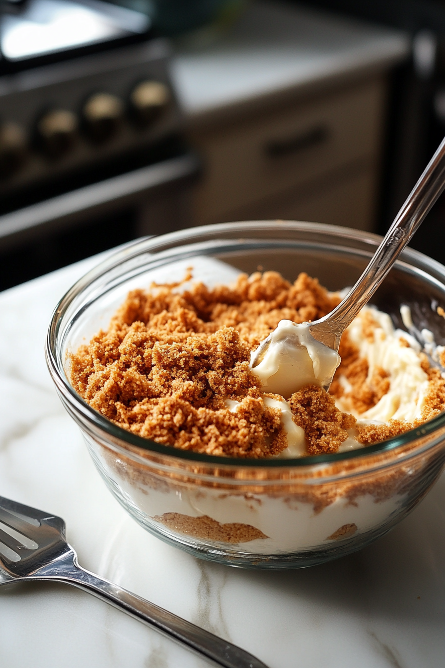 A glass mixing bowl on the white marble cooktop contains the graham cracker crumbs, melted butter, and sugar being mixed together with a spoon. The mixture is coming together, with the crumbs coated in a golden sheen from the butter. A small spatula rests nearby, ready to assist with the mixture.