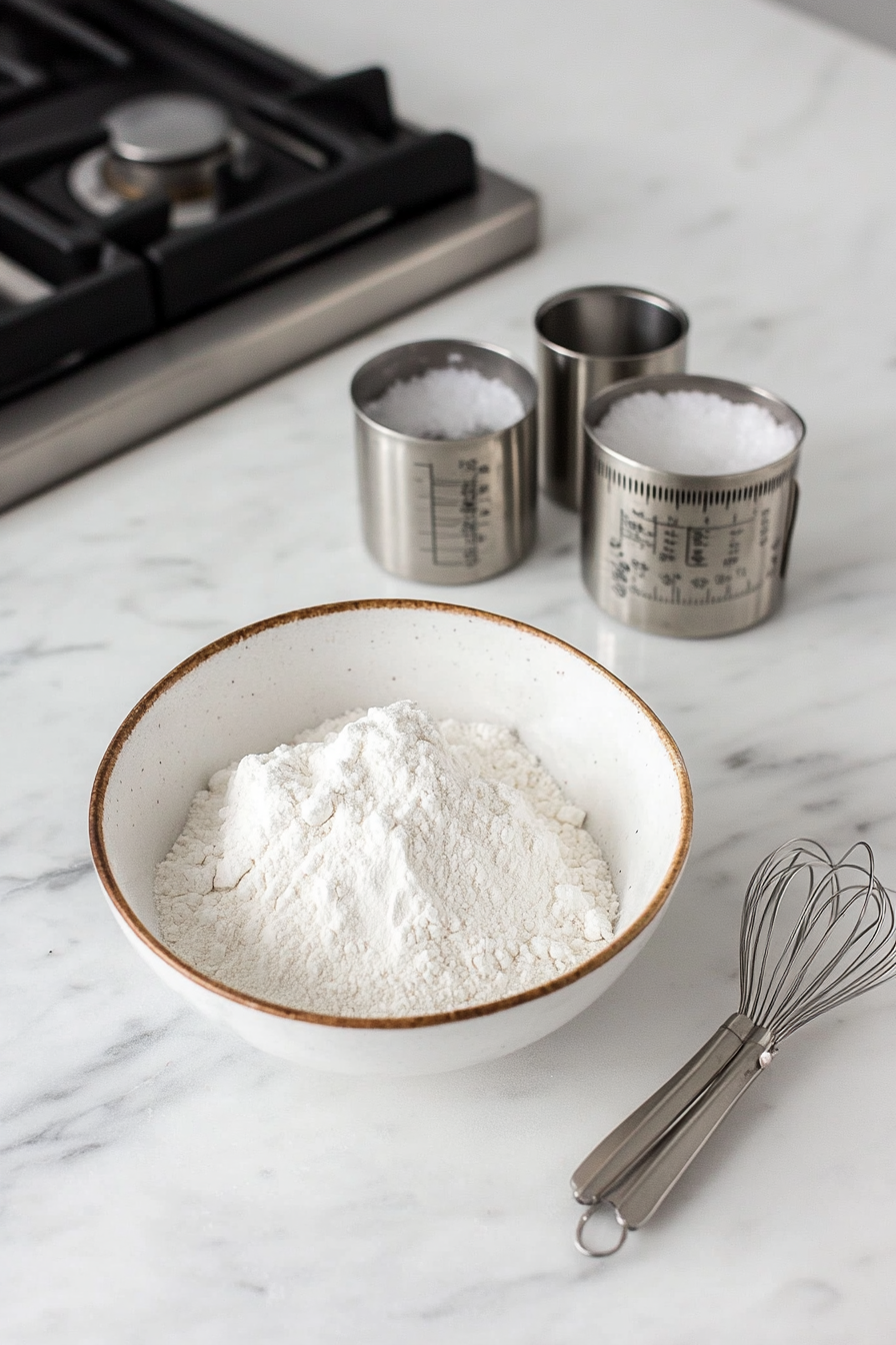 A medium bowl on the white marble cooktop containing flour, salt, and baking soda being whisked together. Measuring cups and spoons are neatly placed beside the bowl for an organized look.