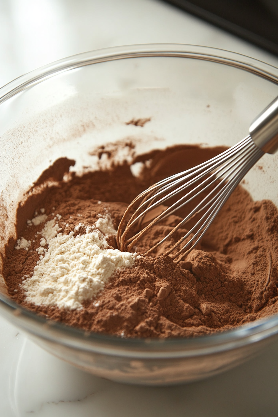 A large glass mixing bowl sits on a white marble cooktop, containing flour, baking soda, cornstarch, cinnamon, and salt. A whisk is blending the ingredients, ensuring even distribution of the powders