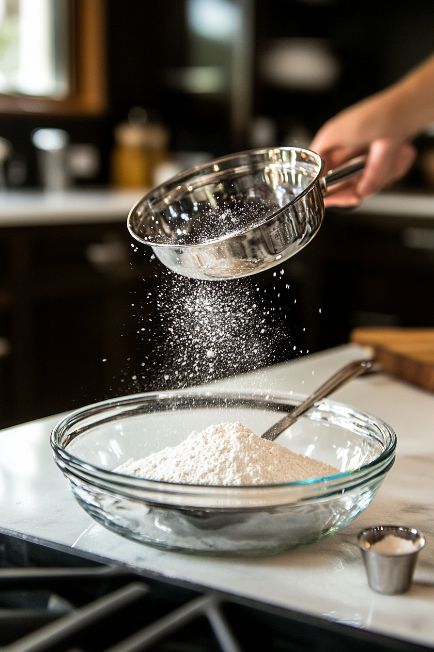 A separate glass mixing bowl on the white marble cooktop contains flour, baking powder, and salt being sifted. A metal sifter and measuring spoon are placed beside the bowl.