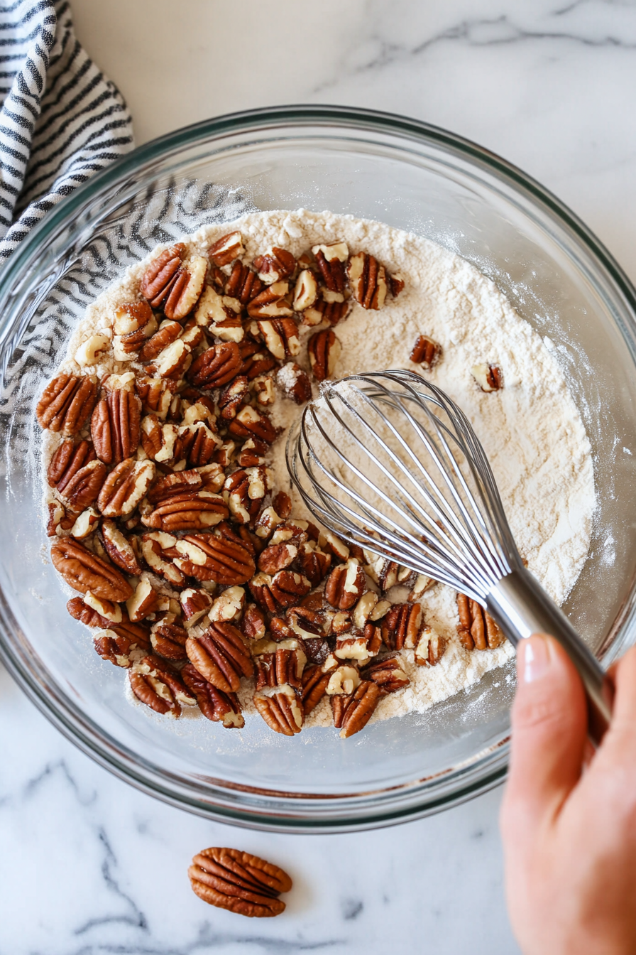 A glass bowl on the white marble cooktop contains finely chopped toasted pecans, flour, baking powder, baking soda, cinnamon, ginger, and salt. A whisk is blending the dry ingredients together, ready for the next step.