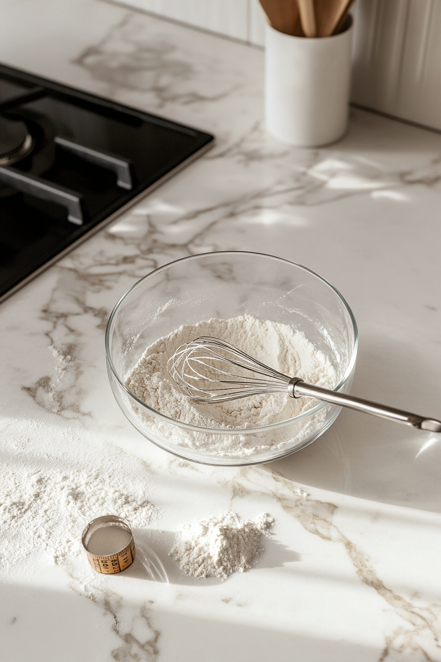 A smaller glass bowl on a white marble cooktop, holding flour and baking powder being whisked together. A measuring spoon and a small pile of flour rest on the countertop nearby.