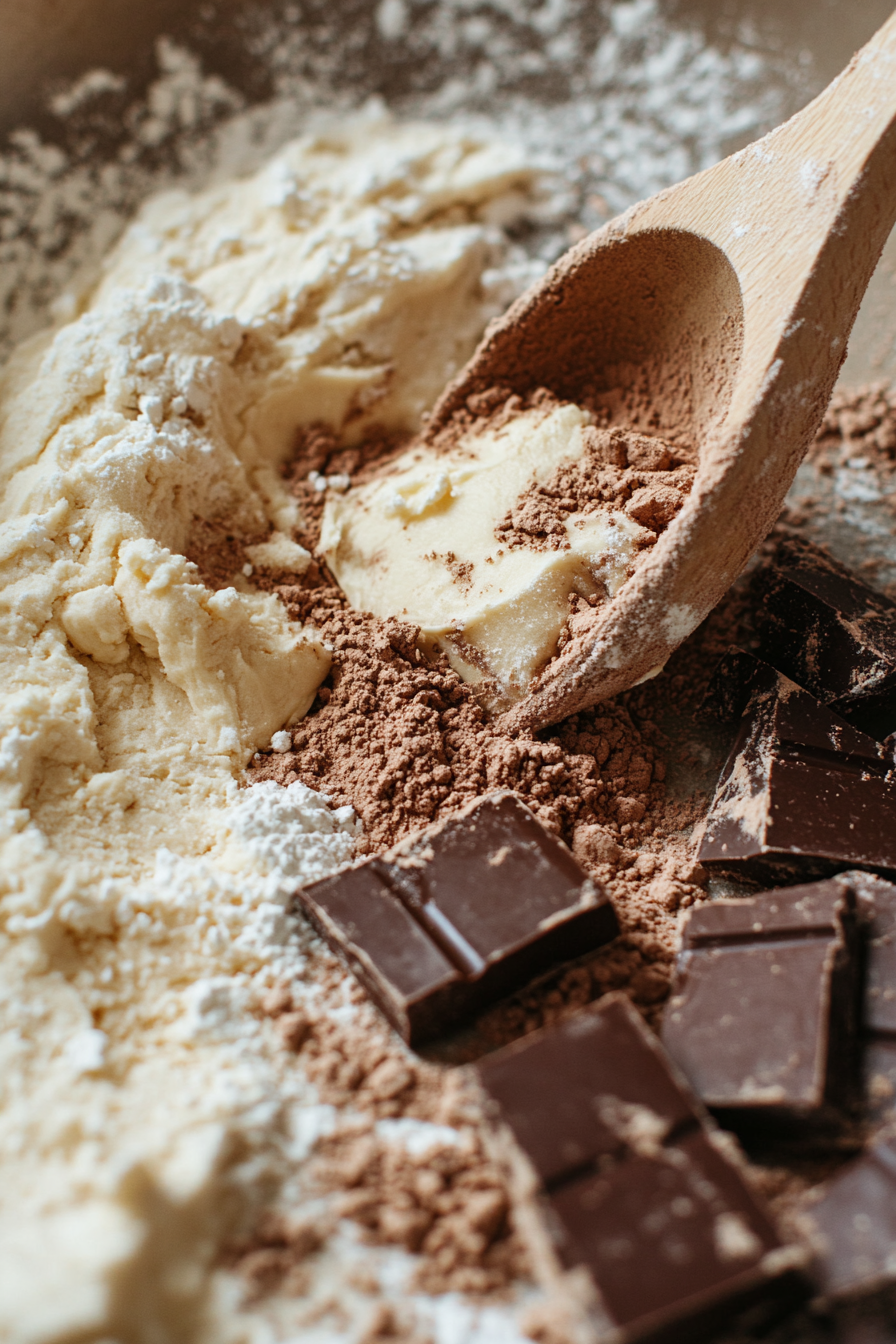 Dry ingredients are gradually mixed into the creamed butter and sugar using a wooden spoon. The cookie dough is forming into a rich, chocolatey texture on a lightly floured surface.