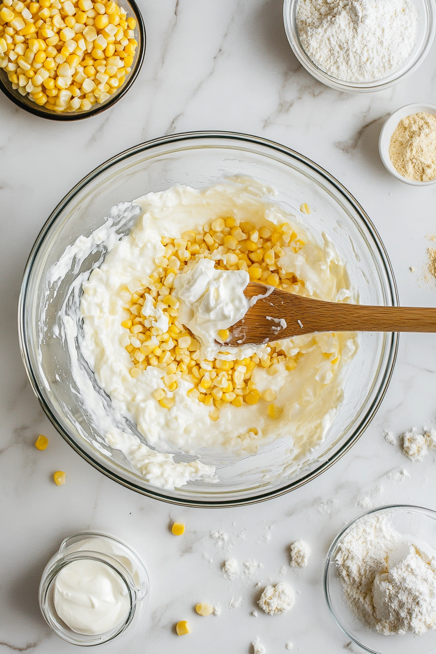 A large mixing bowl on the white marble cooktop with whole kernel corn, cream-style corn, corn muffin mix, sour cream, and melted butter being added together. A spoon is stirring the ingredients to combine them thoroughly.