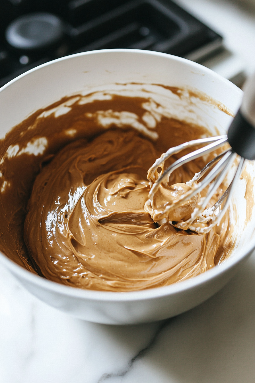 A large mixing bowl on a white marble cooktop contains peanut butter, sugar, and a large egg being mixed together with an electric hand mixer. The mixture is smooth and creamy, with visible sugar crystals still in the bowl.