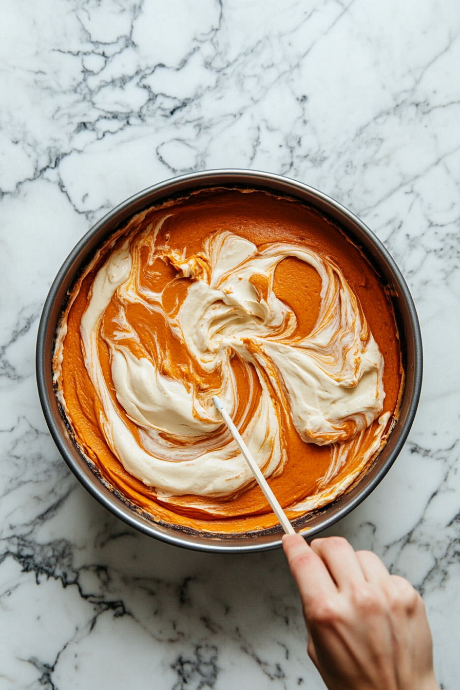 Layers of plain and pumpkin cheesecake batter are alternately poured into the springform pan, resting on the white marble cooktop. A toothpick is used to create an elegant marbled swirl pattern in the batter.