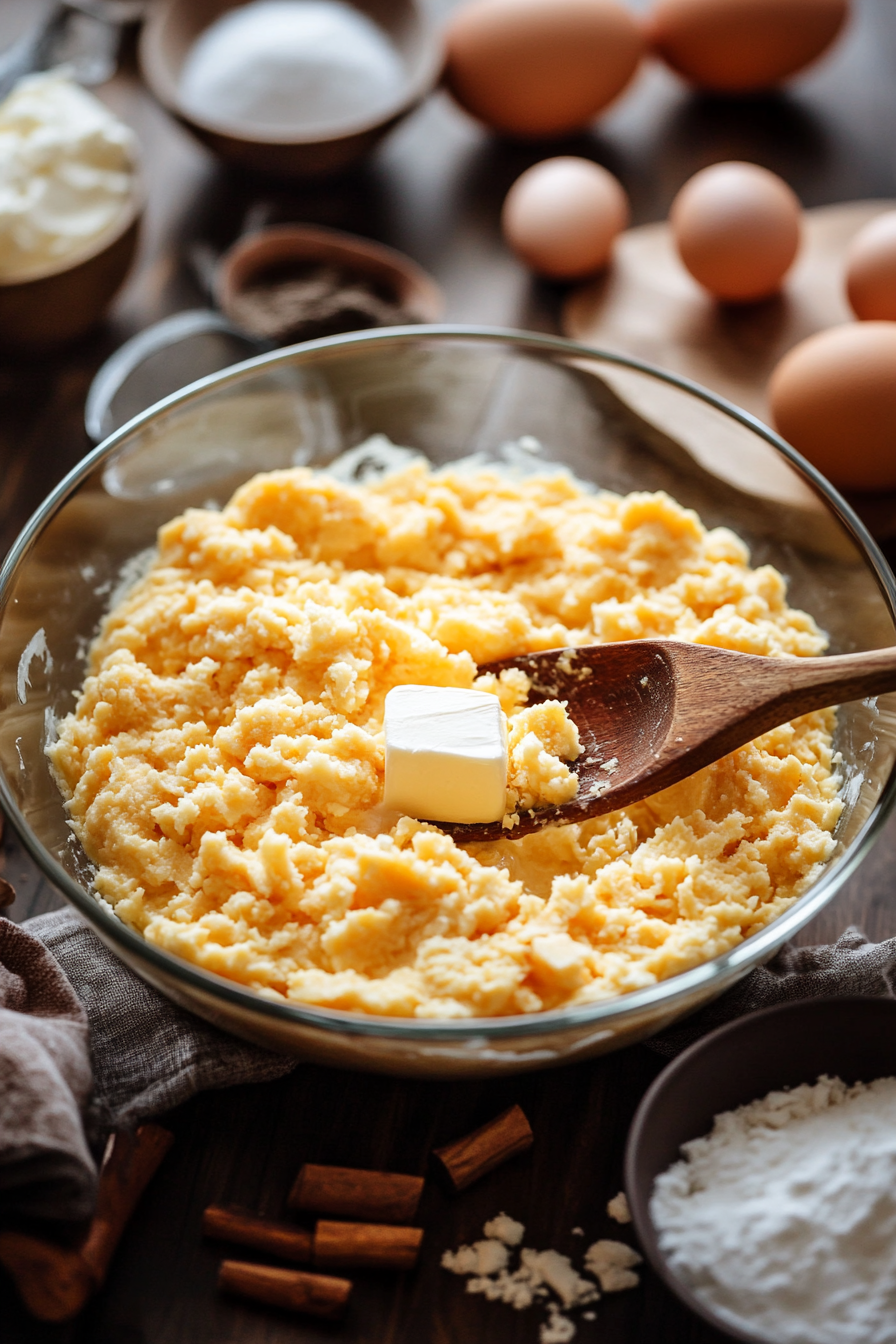 A large bowl containing mashed sweet potatoes is being mixed with beaten eggs, white sugar, milk, softened butter, vanilla extract, and salt. A wooden spoon stirs the mixture until smooth, surrounded by various ingredients.