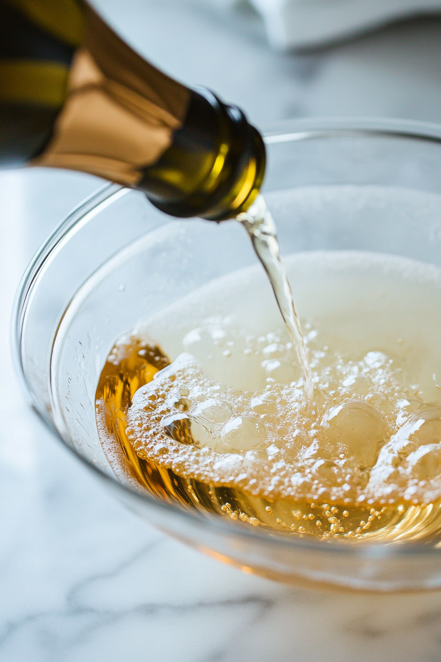 A separate glass bowl on the white marble cooktop containing oil, milk, sour cream, vanilla, and champagne being mixed together smoothly.