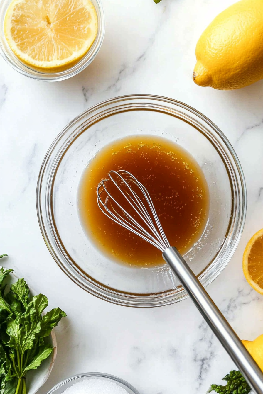 "A medium glass bowl on the white marble cooktop contains plant milk, sugar, and vegetable oil being whisked together to form a smooth mixture. A whisk is visible in the bowl."