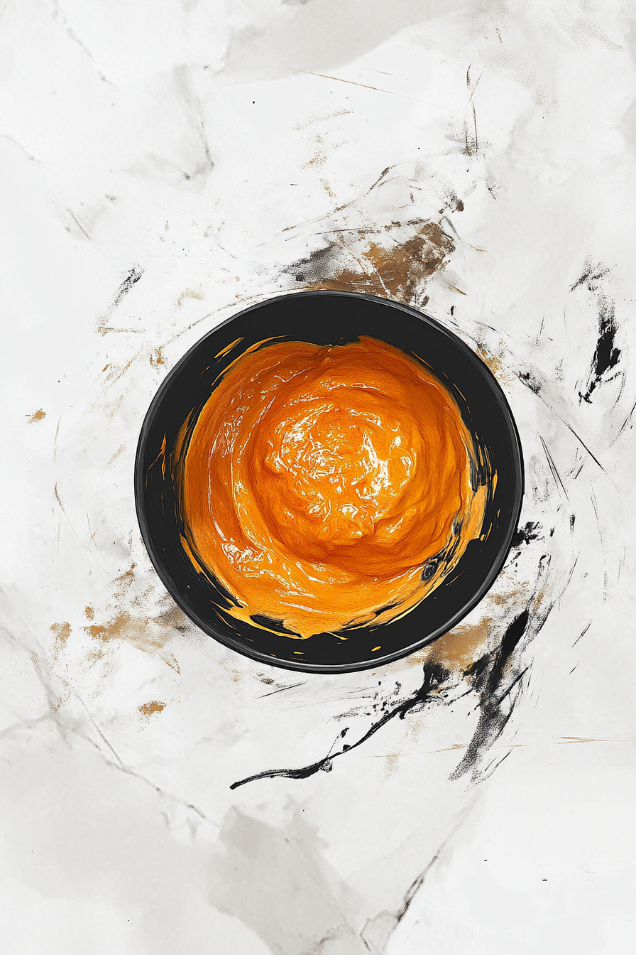 A mixing bowl on the white marble cooktop with sugar, oil, egg, milk, and pumpkin puree being stirred together until smooth, using a wooden spoon or spatula