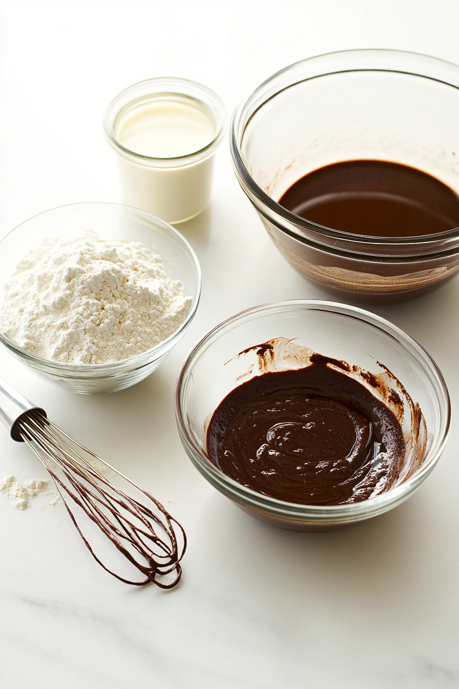 Depict a medium mixing bowl on the white marble cooktop with cocoa powder being whisked into boiling water to form a smooth, rich mixture. Nearby, a large mixing bowl contains whisked dry ingredients: flour, sugar, baking soda, baking powder, and salt. A measuring cup filled with vegetable oil and buttermilk sits to the side, ready to be combined.