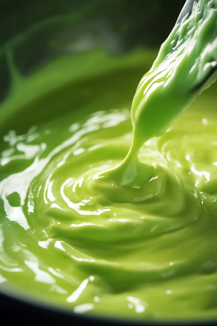 The cream cheese mixture is being stirred with a spatula as sour cream, granulated sugar, key lime juice, zest, vanilla, and a drop of green food dye are added. The mixture is smooth, vibrant, and lime green, ready to be incorporated for the next step in the cheesecake filling.