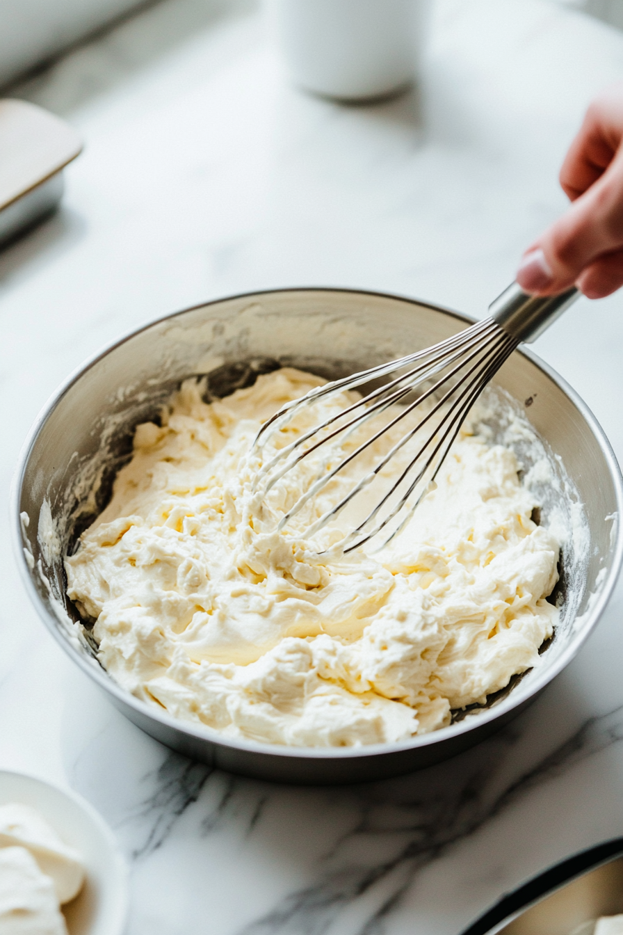 The smooth, melted dark chocolate is being poured into the cream cheese mixture in the glass bowl on the white marble cooktop. A whisk is mixing the chocolate into the cream cheese filling until it is smooth and evenly incorporated, creating a rich, chocolatey mixture.