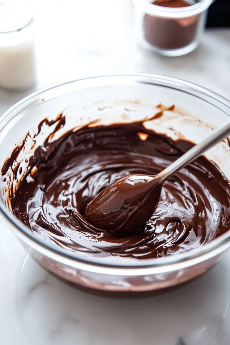 A microwave-safe bowl with melted chocolate is being stirred until smooth, ready to be incorporated into the cheesecake filling. The chocolate is glossy, and a few ingredients are visible on the white marble cooktop.