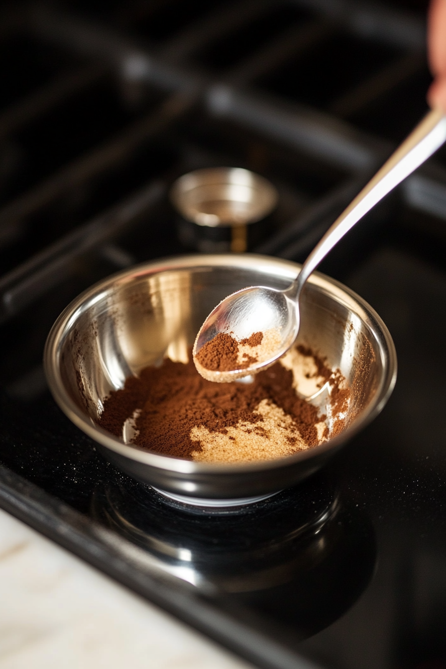 A small bowl containing brown sugar and ground cinnamon being mixed together with a spoon on the white marble cooktop, with the ingredients in neat piles.