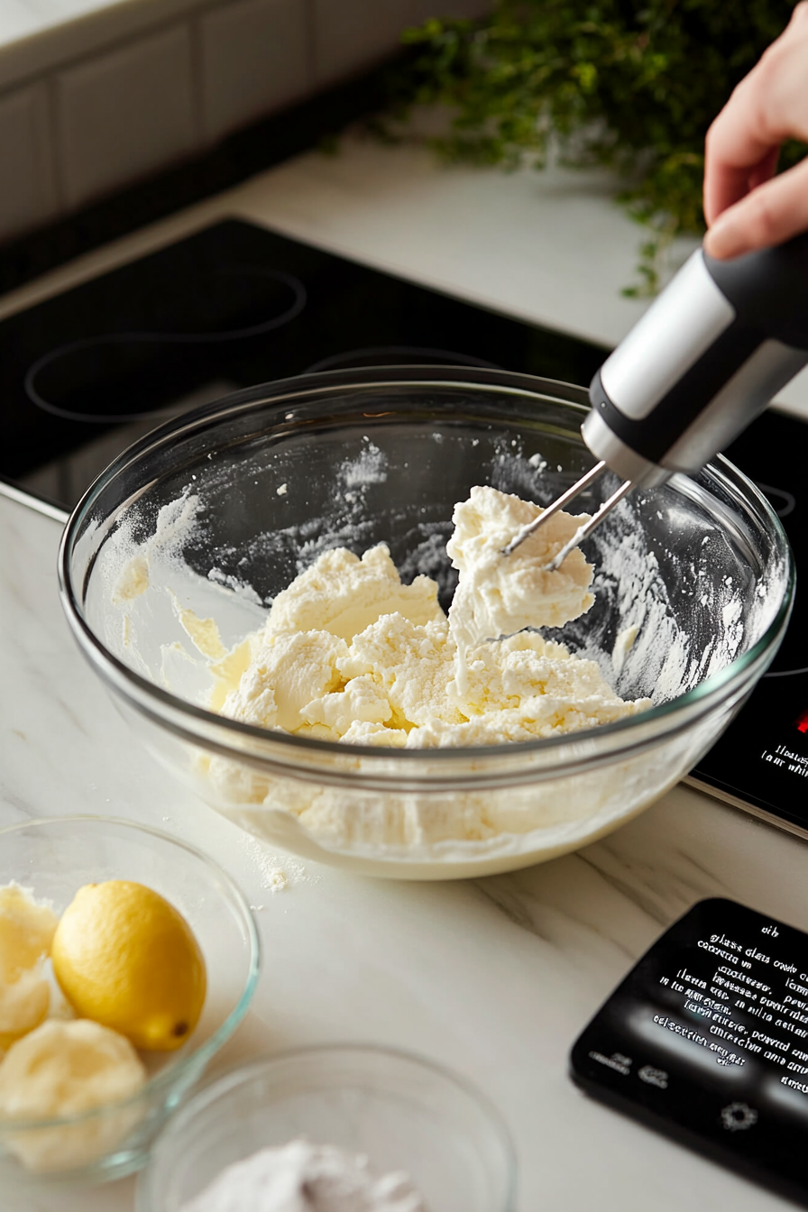 A glass bowl on the white marble cooktop holds the crushed Oreo crumbs and melted butter. A wooden spoon is mid-motion, mixing the ingredients into a moist, crumbly texture, ready to press into the pan.