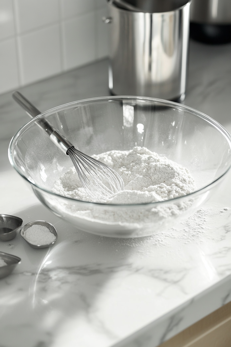 A large glass mixing bowl on the white marble cooktop filled with flour, baking soda, and salt being whisked together. The ingredients are well combined, with a sifter and measuring spoons nearby.