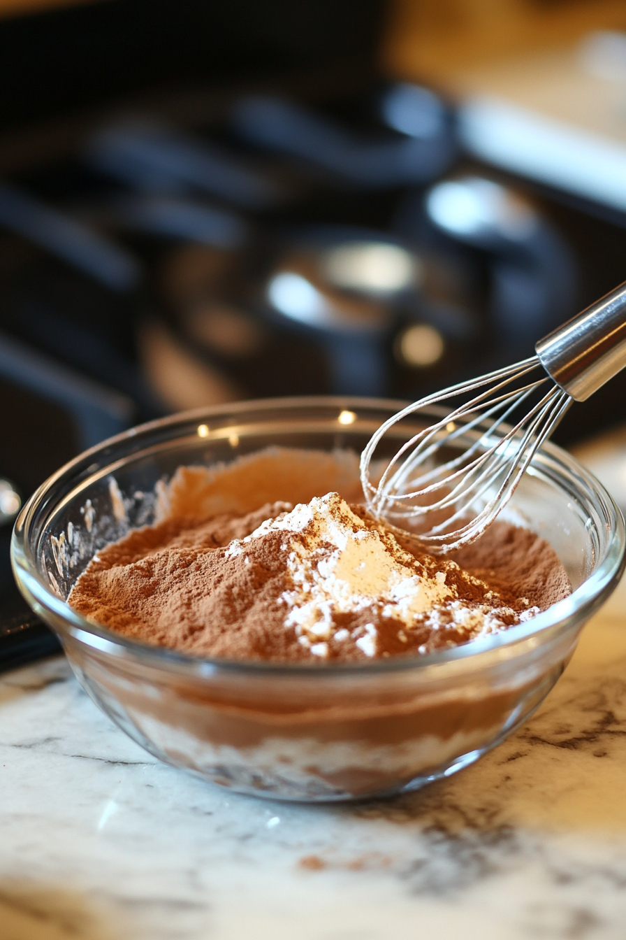 A small mixing bowl containing flour, baking powder, cinnamon, and salt being whisked together, with a measuring spoon and a cinnamon jar nearby