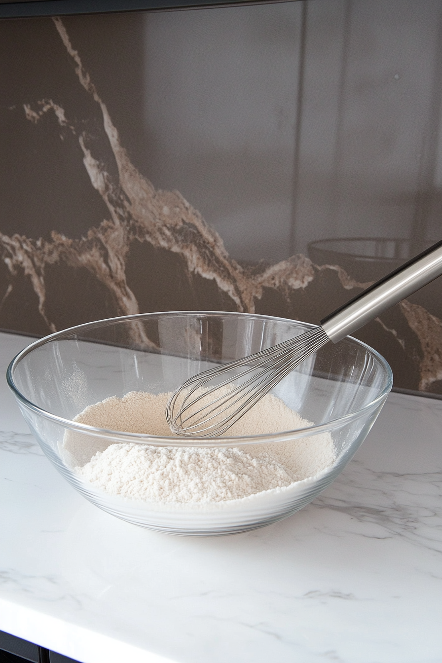 A large glass mixing bowl on the white marble cooktop contains gluten-free flour, xanthan gum, baking soda, kosher salt, granulated sugar, and light brown sugar. A whisk is placed inside the bowl, ready to combine the dry ingredients