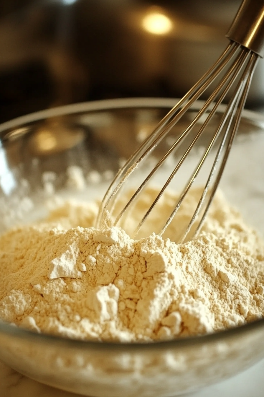 A glass bowl containing gluten-free flour, cinnamon, ginger, baking powder, cloves, baking soda, salt, and xanthan gum. A whisk is mixing the dry ingredients together, with the white marble cooktop in the background.