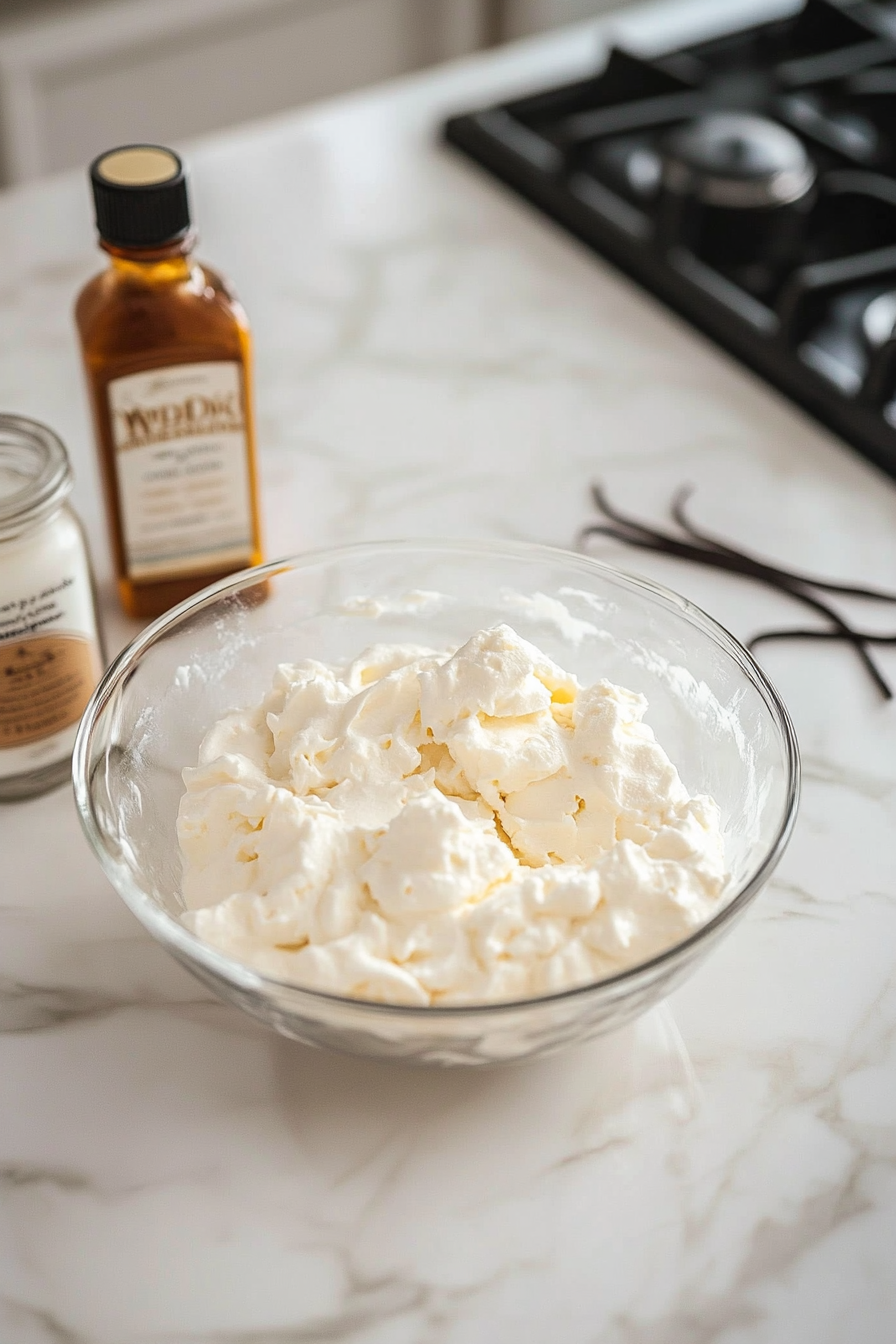 A glass bowl on the white marble cooktop shows whipped topping being gently mixed with vanilla extract. A small bottle of vanilla extract sits nearby.