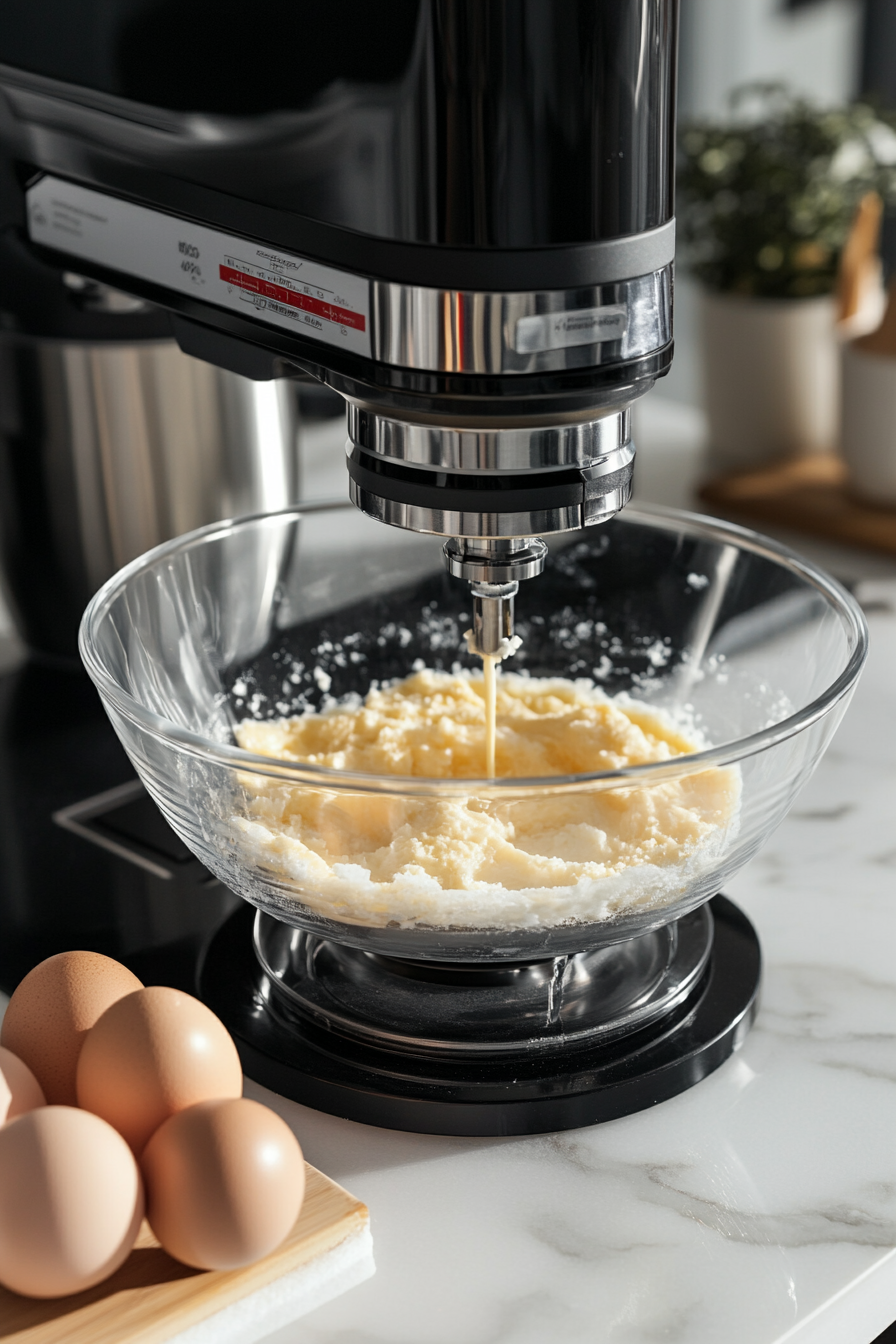 A glass bowl on the white marble cooktop with cream of tartar and baking soda being mixed into the batter using the electric mixer, ensuring full incorporation