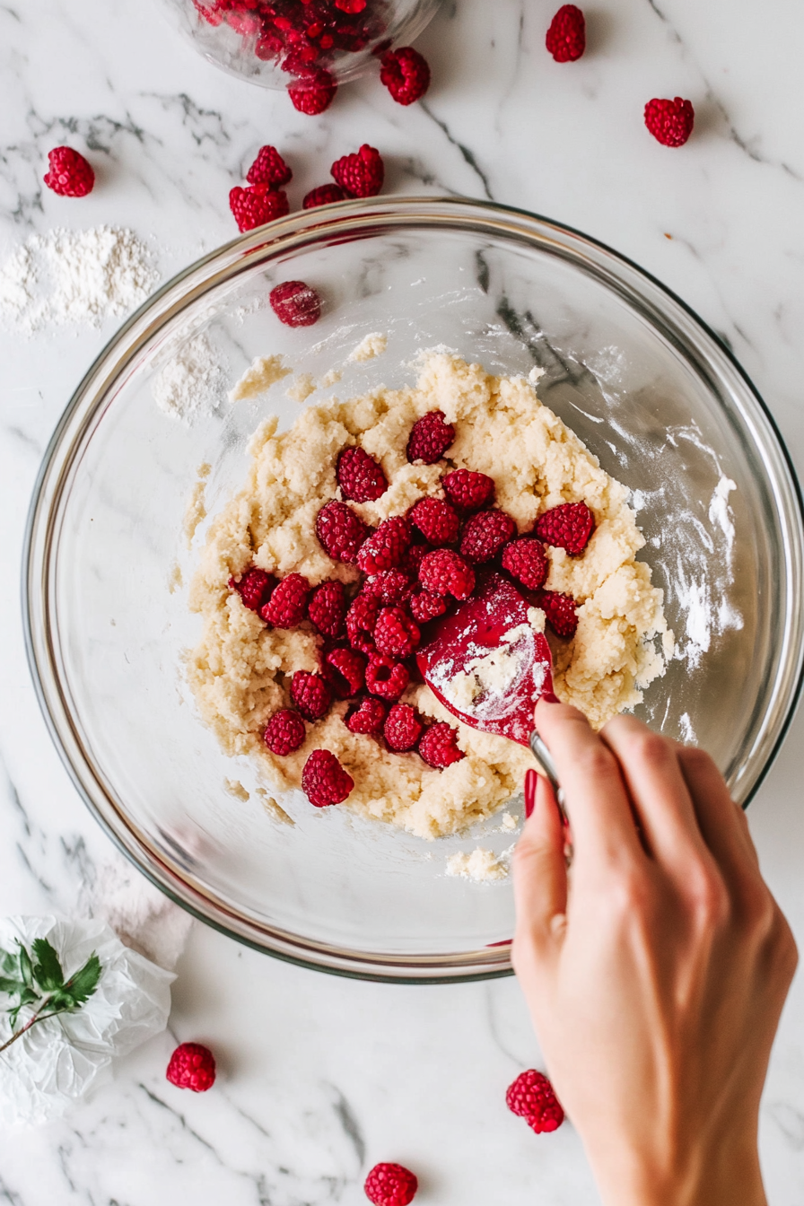 Chopped raspberries being carefully folded into the cookie dough, ensuring they don’t mash