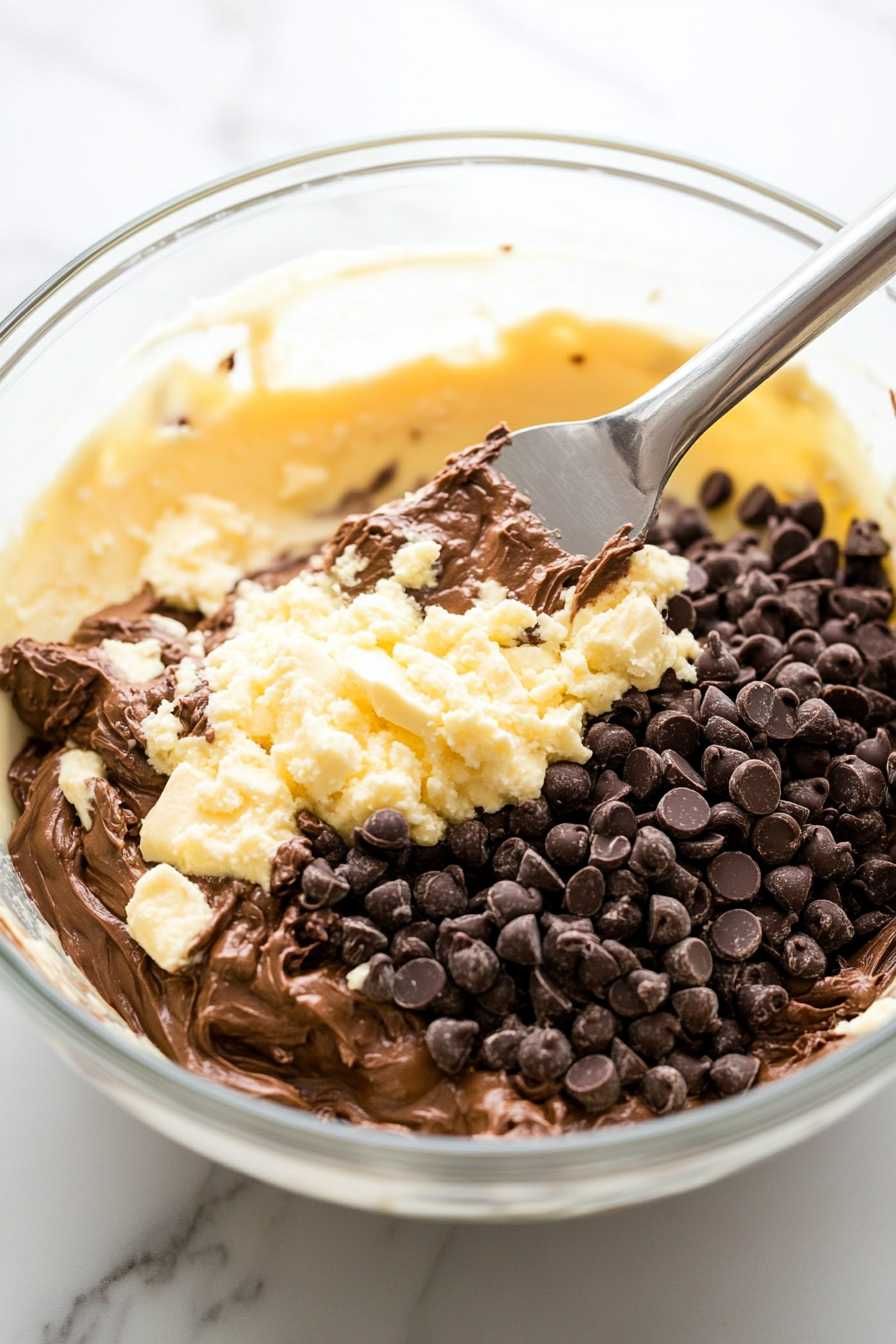 A large mixing bowl with German chocolate cake mix, melted butter, and some of the topping mixture being stirred together into a dough using a spatula.