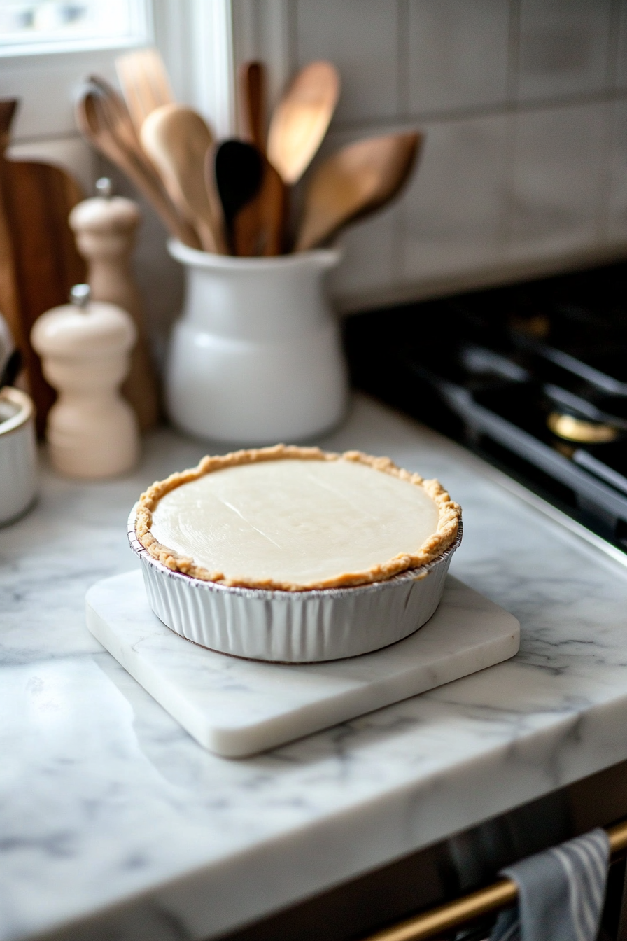 A large glass mixing bowl on the white marble cooktop contains cream cheese, powdered sugar, lemon juice, and vanilla extract being whipped together with an electric mixer. The mixture is smooth, creamy, and silky in appearance.