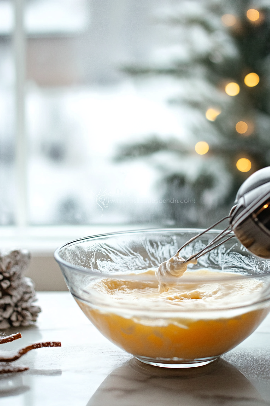 Large glass bowl on the white marble cooktop containing Philadelphia Light Brick Cream Cheese Spread and sugar. A hand mixer is beating the mixture until smooth and creamy