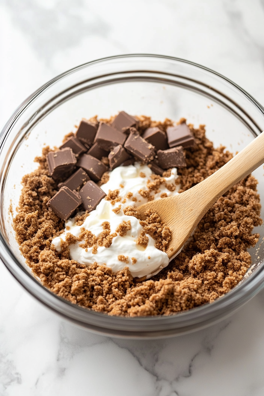 A glass bowl on the white marble cooktop contains graham cracker crumbs, melted butter, and confectioners’ sugar. A wooden spoon is actively mixing, blending the ingredients into a crumbly, uniform texture.