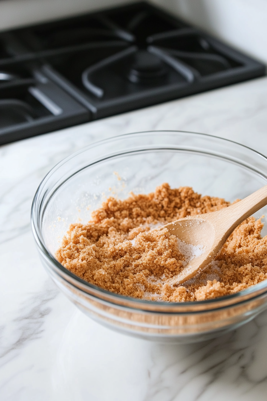 A glass bowl on the white marble cooktop contains graham cracker crumbs, granulated sugar, and melted butter. A wooden spoon stirs the ingredients, which are evenly moistened and cohesive.