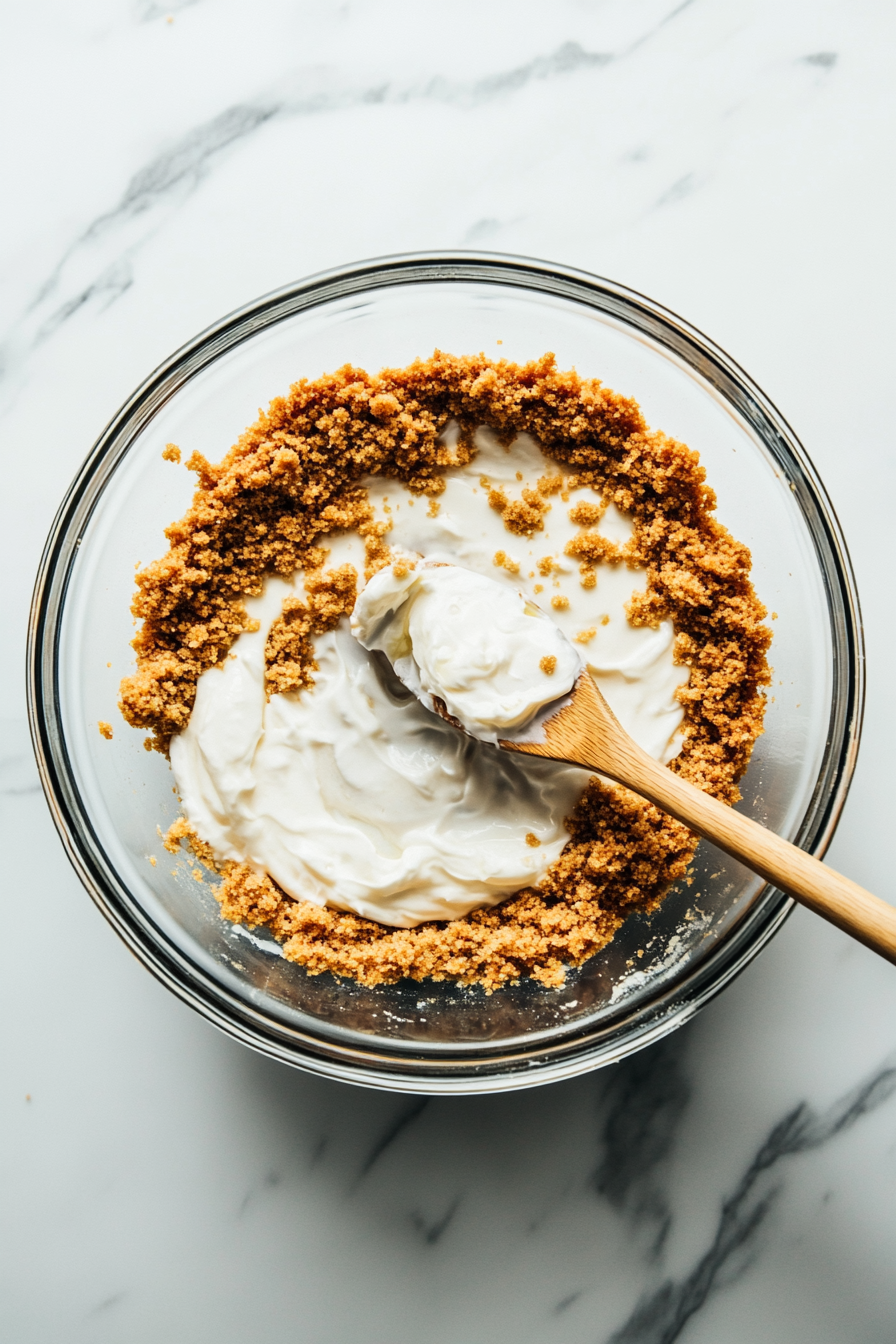 Glass bowl with graham cracker crumbs and granulated sugar being mixed with melted butter, ready to be pressed into the bottom of a springform pan. The crust has been pre-baked for 10 minutes in the oven