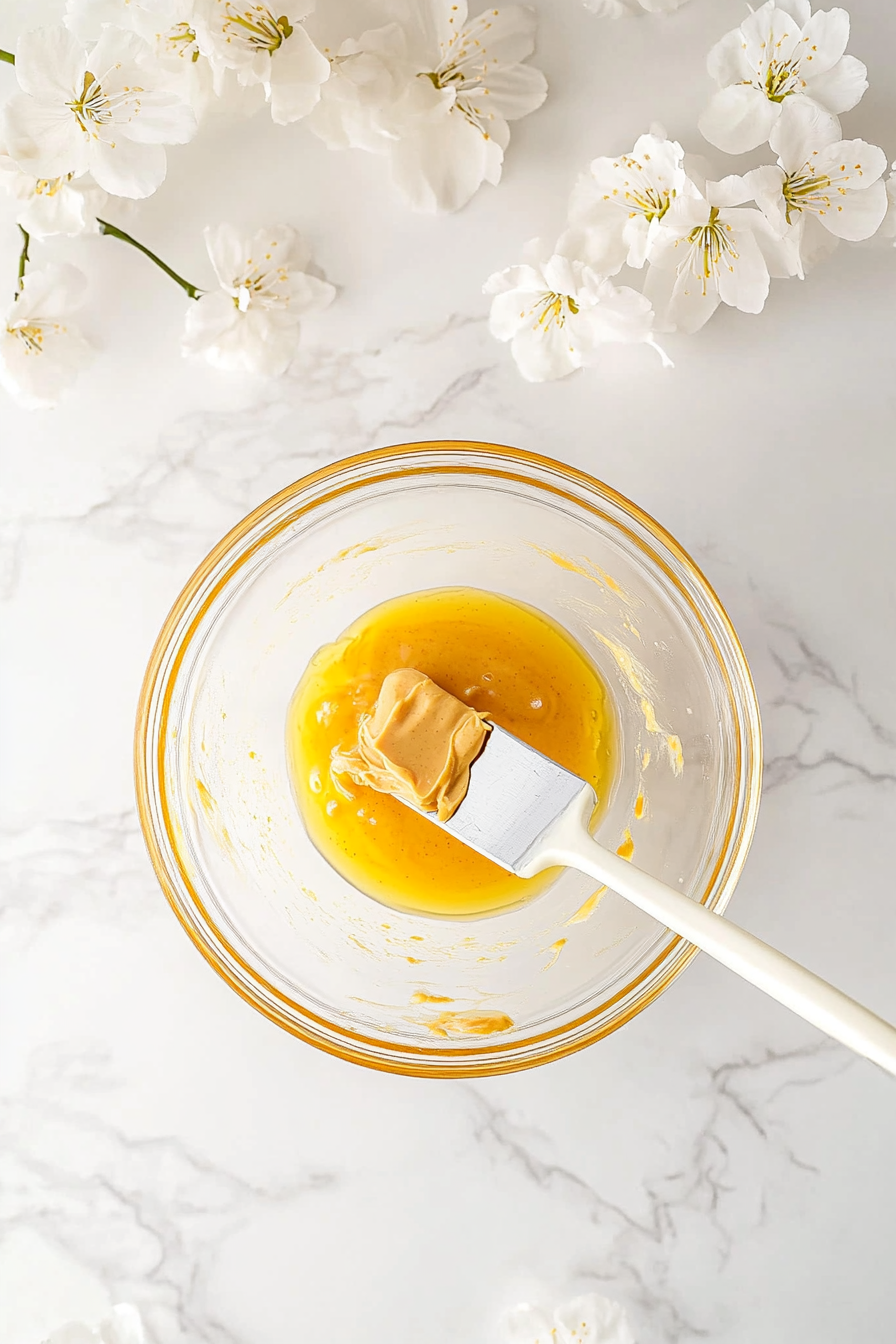 A glass mixing bowl on the white marble cooktop contains peanut butter, sugar, and an egg. A spatula is blending the ingredients into a smooth, cohesive dough.