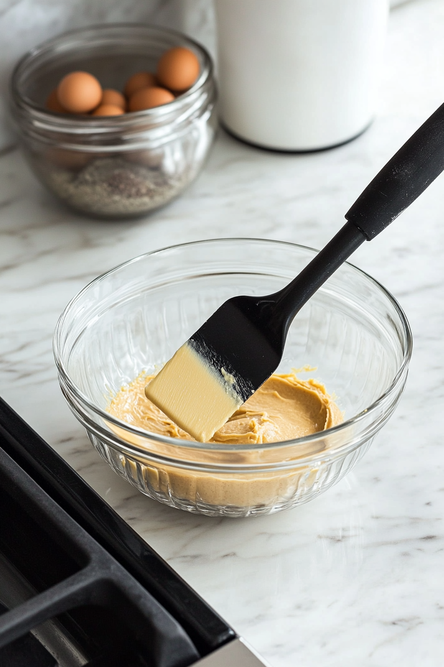 A glass mixing bowl on the white marble cooktop contains peanut butter, a low-calorie natural sweetener, an egg, and sugar-free vanilla extract. A spatula is stirring the ingredients, forming a smooth dough