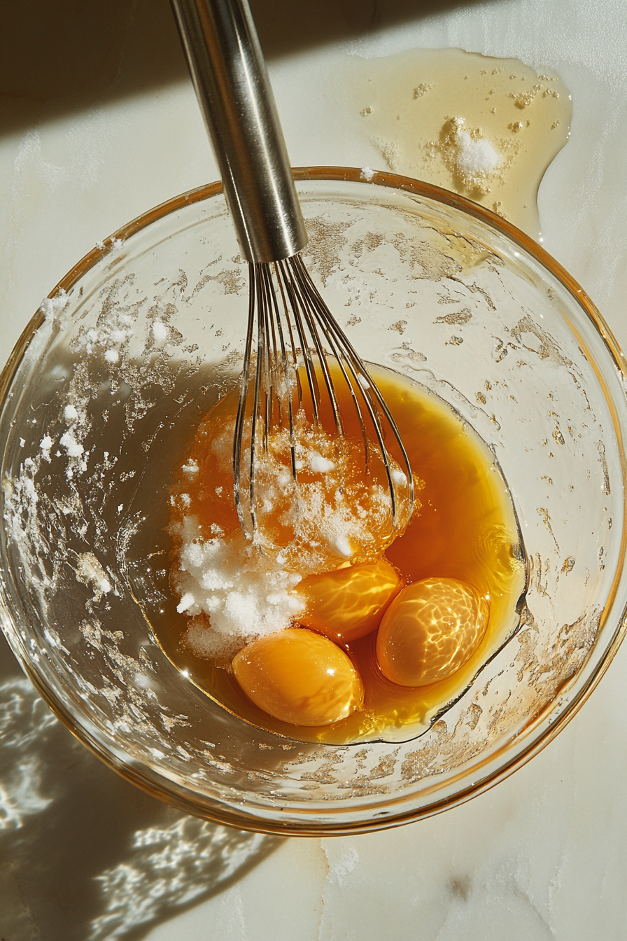 A glass mixing bowl sits on the white marble cooktop. Inside, corn syrup, sugar, melted margarine, eggs, and salt are being whisked together, creating a smooth, golden mixture.