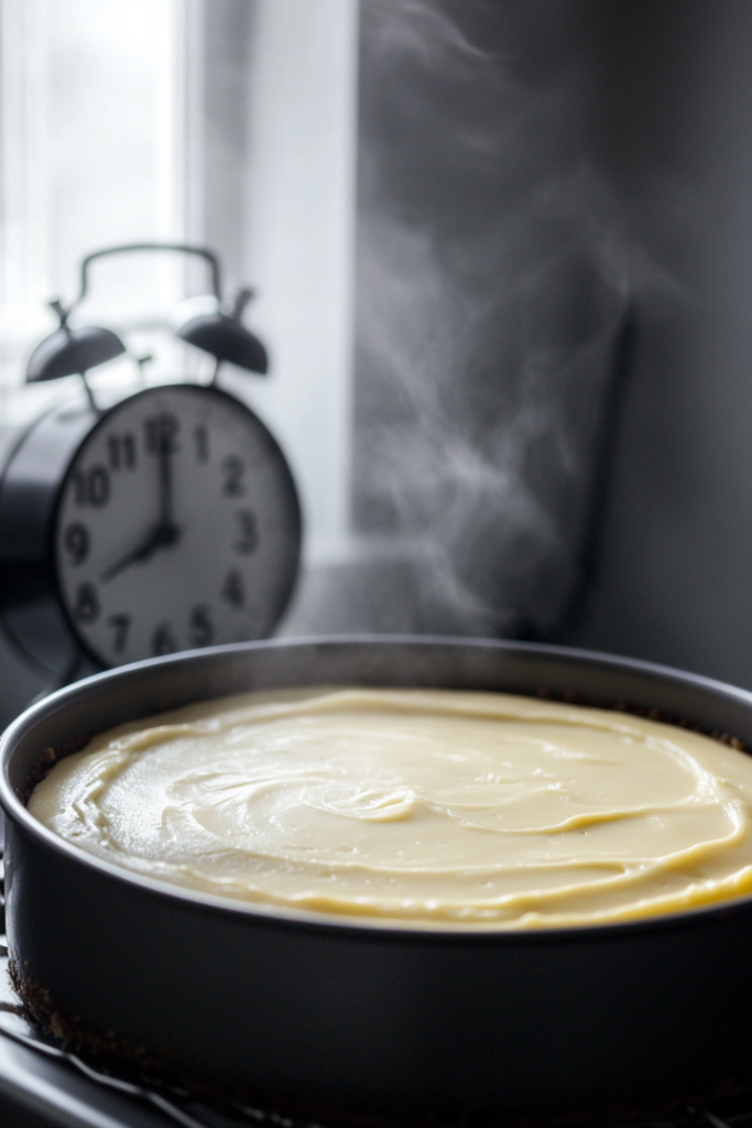 The springform pan with the cheesecake filling is being placed carefully in the refrigerator. The filling is smooth and will firm up over time, with a clock on the wall indicating that it will chill for at least 3 hours to set completely.