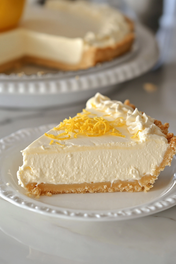 A single slice of no-bake lemon cheesecake sits elegantly on a white dessert plate atop the white marble cooktop. The creamy, pale yellow filling contrasts beautifully with the golden crust, topped with a delicate garnish of lemon zest.