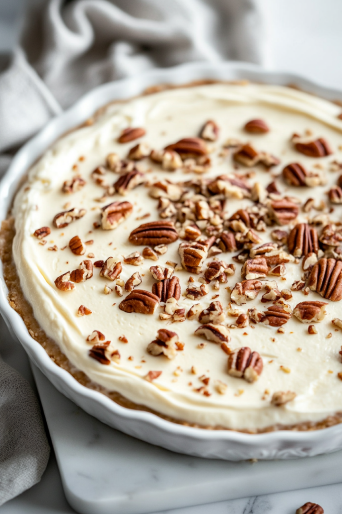 "The chilled cheesecake sits on the white marble cooktop, with sour cream topping being spread smoothly across the top. Chopped pecans are sprinkled as garnish, making the dessert ready to slice and serve."