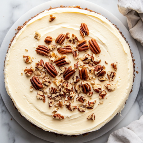 "The chilled cheesecake sits on the white marble cooktop, with sour cream topping being spread smoothly across the top. Chopped pecans are sprinkled as garnish, making the dessert ready to slice and serve."